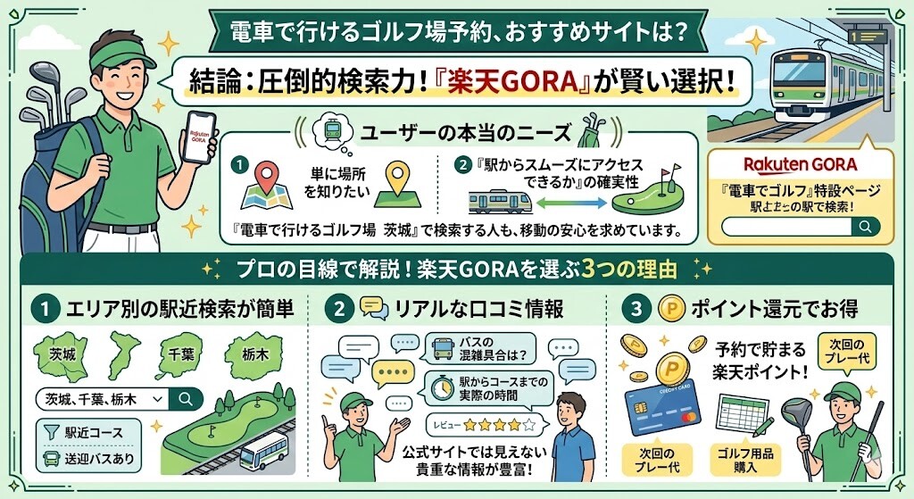 電車で行けるゴルフ場を予約できるおすすめサイトをわかりやすく図解