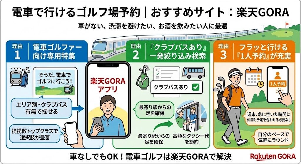 電車で行けるゴルフ場を予約できるおすすめサイトをわかりやすく図解