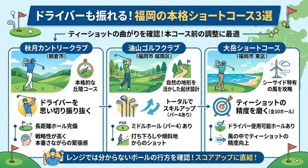 ドライバーも振れる！福岡の本格ショートコースは？をわかりやすく図解
