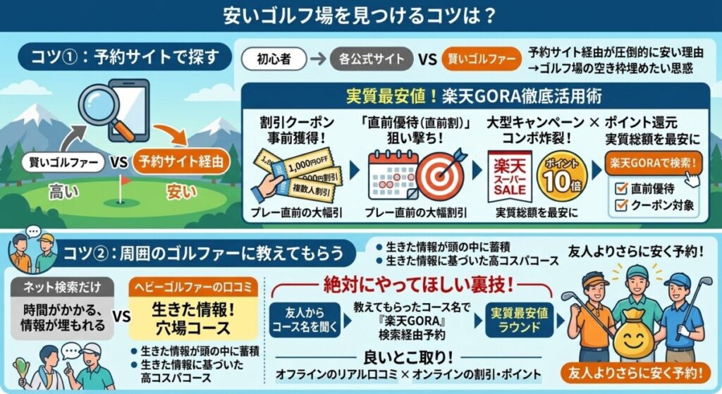 安いゴルフ場を見つけるコツの図解