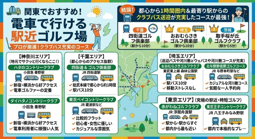 関東エリアでおすすめの電車で行けるゴルフ場はどこの図解