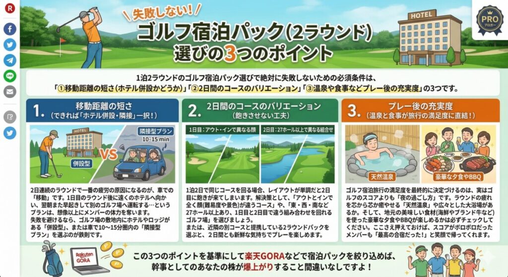 失敗しないゴルフ宿泊パック選びの3つのポイントの図解