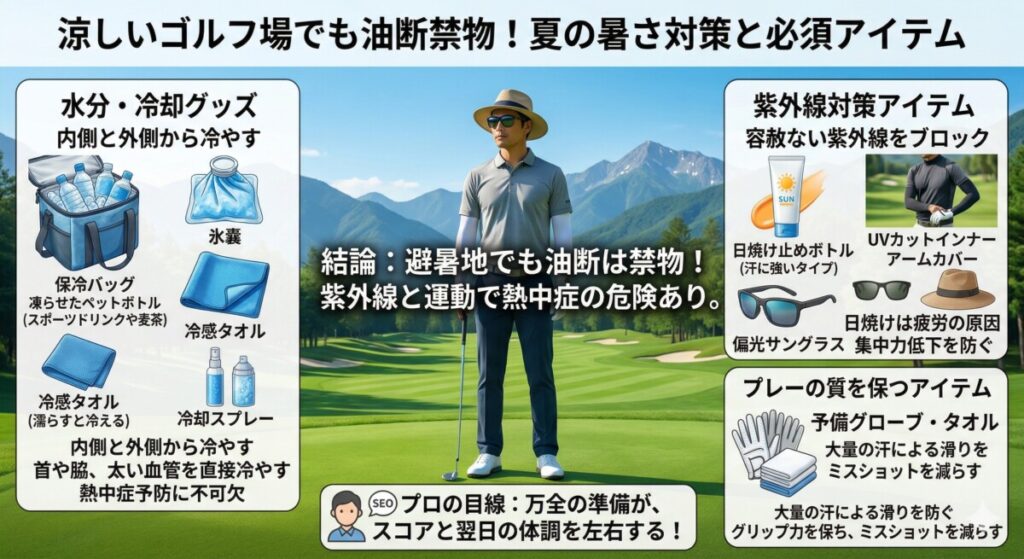 涼しいゴルフ場でも油断禁物
夏の暑さ対策と必須アイテムの図解