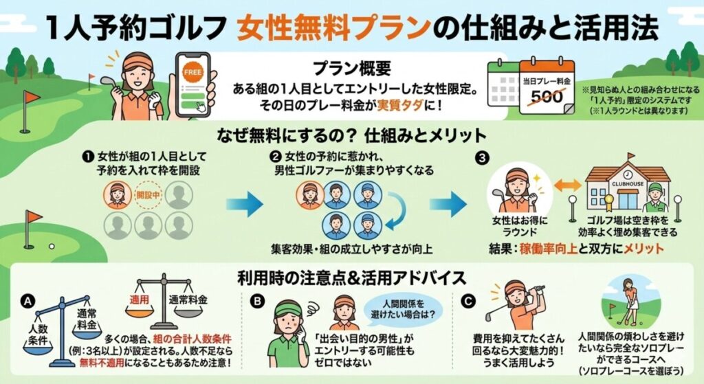 1人予約ゴルフの女性無料プラン図解