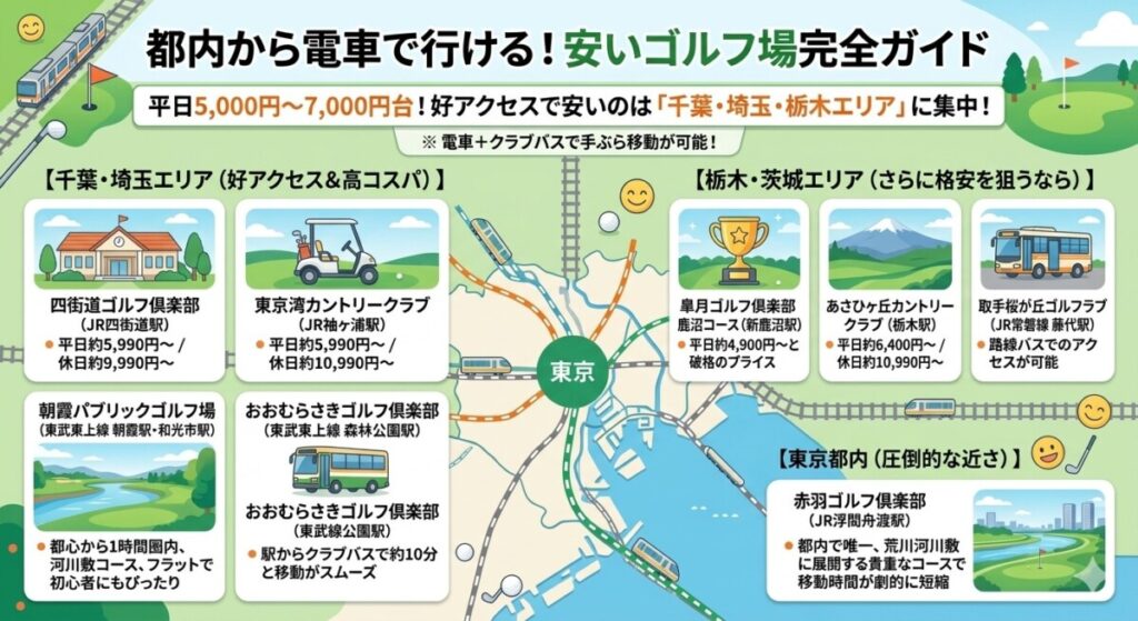 都内から電車で行けるゴルフ場で安いのはどこを図解