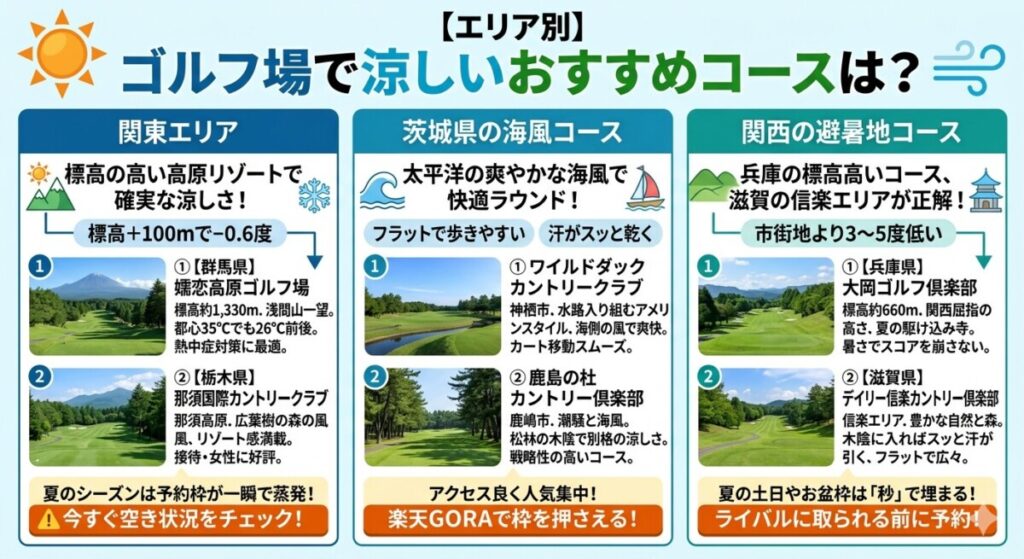 【エリア別】ゴルフ場で涼しいおすすめコースの図解