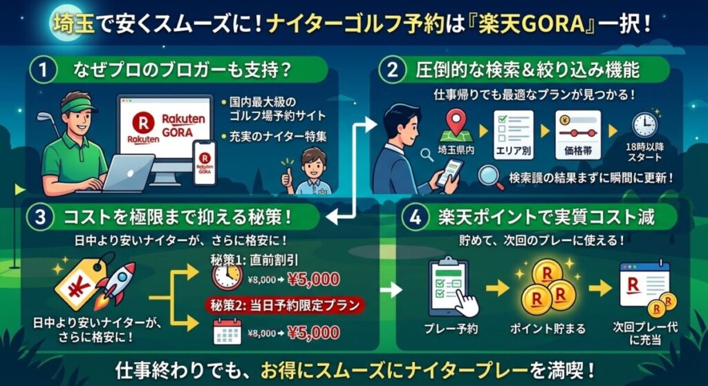 ナイターゴルフのコストを抑えられる予約サイトは？をわかりやすく図解